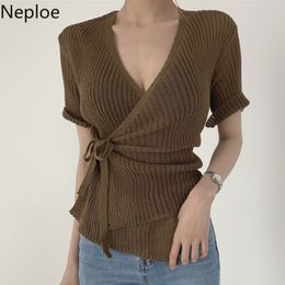 Neploe Korean Women Sweaters Chic Elegant Knitted Cardigan V Neck Short Sleeve Vintage Top Lacing Bow Irregular Sueter Mujer 210422