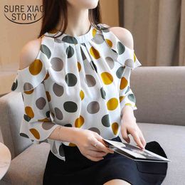 Korean Loose Polka Dot Slim Fit Short Sleeve Stand Collar Off-Shoulder Elegant Chiffon Blouse Women Tops Chemisier Femme 8983 50 210508