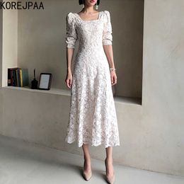 Korejpaa Women Dress Summer Korean Chic Elegant Temperament Square Neck Lace Embroidered Waist Slim Puff Sleeve Vestidos 210526