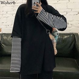 Woherb Patchwork Loose Women T Shirt Fake 2 Pieces Stripe 2021 Korean New T-shirt Harajuku Streetwear Lady Hip-hop Top Tees 210317