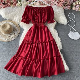 Vintage Slash Neck Midi Dress Women Sexy Off Shoulder Short Sleeve High Waist Ruffle Vestidos Female Summer 2021 New Fashion Y0603