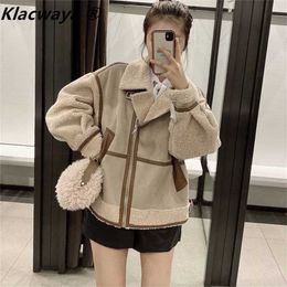 Women's Fashion Stitching Faux Leather Lamb Jacket With Zipper Decoration Stand Collar Thickening Warm Winter Jacket 220112