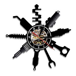 Garage Wall Clock Pimp Repairing Tool Vinyl Record Wall Clock Car Service Car Wheel Wall Watch Home Decor Repairman Gift 210325