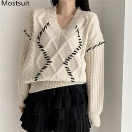 Twisted Knitted V-neck Jumper Pullover Women Winter Long Sleeve Vintage Korean Fashion Ladies Sweater Tops Femme 210513