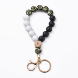 Key Ring Food Grade Silicone Bead Bracelet Party Favour Wooden Beads Wrist Keychain Pendant Prevent Missing Bracelets KKB7732