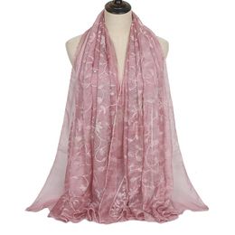 Embroidered Hijab Polyester Scarf Shawls Solid Colour Floral Rhinestone Scarves Large Size Plain Muslim Women Headband