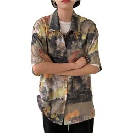 Retro Fashion Women Blouse Oil Painting Printing Short Sleeves Boy Friend Style 2021 Summer Shirt Women's Blouses & Shirts