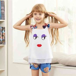 Summer 2-piece Trendy Cartoon Print Tank and Flower Shorts Set Kids Girl Sets Suits Short-Sleeve T-shirt Clothes 210528