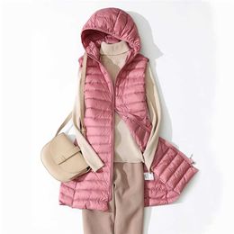 Women Duck Down Vest Jacket Autumn Winter Ultra Light Plus Size Down Puffer Coat Feamle Hooded Casual Sleeveless Waistcoat 210930