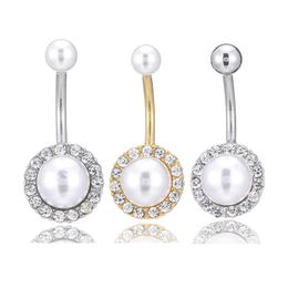 Sexy Pearl Dangle Navel Belly Button Rings Fashion Double Round Crystal Zircon Surgical Steel Piercing Jewelry Gift