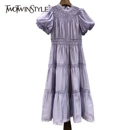 White Casual Patchwork Lace Dress For Women Stand Collar Puff Short Sleeve High Waist Midi Dresses Female 210520