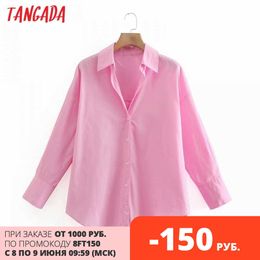 Tangada Women Basic Pink Cotton Shirts Long Sleeve Solid Turn Down Collar Elegant Office Ladies Work Wear Blouses XN320 210609