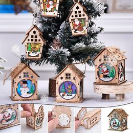 Decorative Objects & Figurines Christmas Led Light Wooden House Luminous Cabin Merry Tree Decorations For Home Xmas Ornaments DIY Gift #50g