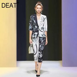 [DEAT] Summer Fashion Three Quarter Sleeve V-neck Single Button Blazer Printing High Waist Pants Suit Women 13C976 210527