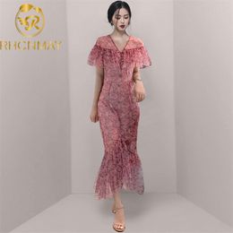 French Style Street wear Print Floral Dress Women Short Sleeve Ruffle Mermaid Ladies Summer Clothes for 210506