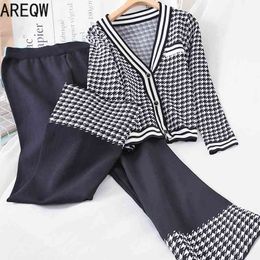 Women's Clothing Spring Autumn Knit 2 Piece Sets Outfit Black Cardigans+Pants 210507