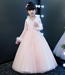 Winter Pink Sleeves Jewel Applique Girl's Pageant Flower Girl Dresses Princess Party Child Skirt Custom