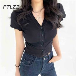 Women Black T Shirt Summer Short Sleeve Sexy V-neck Single-breasted Ruffles Crop Tops Woman Fashion Causal Tshirts 210525