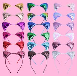 Fashion Sequins Cat Ear Hairband Rainbow Can flip Sequins Shining Cat Ear Girl Hairband Cat Ears Kid Hair Accessories For Women Birthday Party Gift 16 Colours