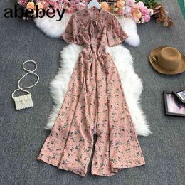 Summer Sweet V-neck flare sleeve Jumpsuit lace up bow high waist pleated waist Floral Casual wide leg Jumpsuit 210715
