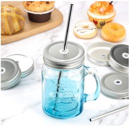 Tinplate Mason Jar Lids Cover With Straw Hole 2 Colours Drinking Glass Covers Kids And Adult Parties Drinking Accessories RRE12242