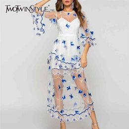 Elegant Lace Mesh Women Dress O Neck Flare Three Quarter Sleeve High Waist Hit Colour Embroidery Dresses For Female 210520