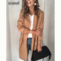 Plus Size Women Long Blazer Coats Long Sleeve Fake Pocket Coat Blazers Office Ladies Solid Loose Pockets Cardigan Outerwear X0721