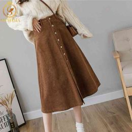 Autumn Corduroy A-Line Skirts Women Korean Style High Waist Pockets Ladies Single-Breasted Mujer Faldas 210520