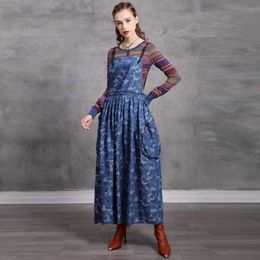 Johnature Women Denim Print Floral Dress Pockets Sleeveless Blue Vintage High Waist Clothes Autumn A-Line Female Dress 210521