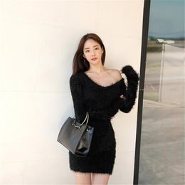 Casual Dresses Korean Style Fashion Long Sleeve Mink Plus Velvet Warm O-Neck Solid Slim Bodycon Dress 2021 Autumn Women Clothing