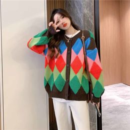 Design Women Winter Sweater Coat Crew Collar Ladies Loose Knit Cardigan Outwear Plaid Color Block