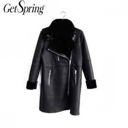 GetSpring Women Coat jacket vintage Winter Jacket Loose Locomotive Long Sleeve Overcoat Faux Fur 211220
