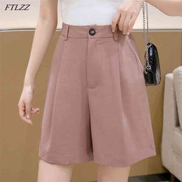 Spring Summer High Waist Button Loose Shorts Streetwear Female Stright Solid Colour Wide Leg Ladies 210430
