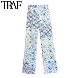 TRAF Women Chic Fashion Patchwork Print Wide Leg Pants Vintage High Elastic Waist Side Pockets Female Trousers Mujer 210915