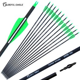 28" 30" 31" OD7.6mm Archery Carbon Arrows Spine 500 Hunting Target with Replaceable Broadhead Nock Rotatable for Compound Recurve Bow