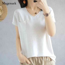 Cotton Short Sleeve Knitted T-Shirt Women V-neck Pullover Loose White Tees Shirt Femme Solid Plus Size Woman T-Shirts 14648 210512