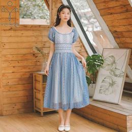 YOSIMI Lace Women Dress Vintage Summer Short Sleeve Off The Shoulder Evening Party Mid-calf Vestidos Midi for 210604