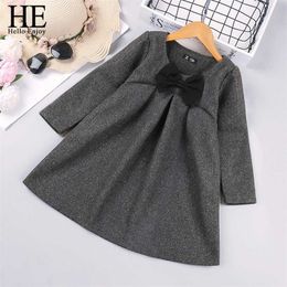 HE Hello Enjoy Girl Fashion Solid Color Bow Dresses Winter Autumn Baby Casual Dress Kids Party Straight Children Cute Clothes 211231