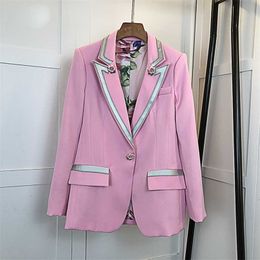 HIGH QUALITY Fashion Star Style Blazer Women's Single Button Floral Liner Rose Outer Coat Pink 210930