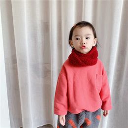 Autumn winter girls fleece thicken sweatshirts Korean styel 2 color children solid warm casual loose Tops Clothes 210615