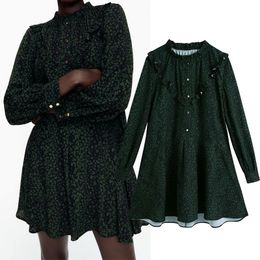 Women Dark Green Ruffle Decoration Mini Dress O-Neck Long Sleeve Slim Waist Chic Mujer Casual Dresses