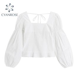 Lace-up Retro Square Collar Women's Blouses Korean Slim Casual Puff Long Sleeve Shirts Summer Elastic Crop Solid Blusas Top 210515