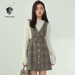 FANSILANEN V neck sleeveless wool blend plaid dress Women autumn winter elegant short blazer Office lady vintage 210607