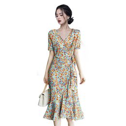 French maxi elegant print dress summer short Sleeve cabaret party Sexy a line Robe Dresses for women 210602