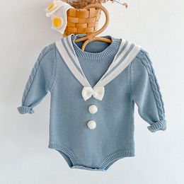 Sailor Collar Infant Baby Girls Bowknot Knit Rompers Clothing Autumn Winter Kids Girl Long Sleeve Clothes 210429