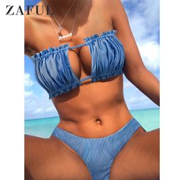 ZAFUL Women Swimwear Ribbed Tie Cutout Bandeau Swimsuit StraplRuched Sexy Brazilian Female Bikinis Set Bathing Suit 2021 X0522