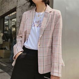 Plaid Long Sleeve Female Blazer Single Button Office Ladies Autumn Winter Casual Outwear Women Jacket Coat 210430