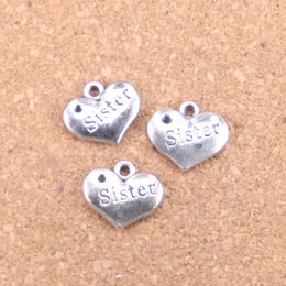 63pcs Antique Silver Bronze Plated double sided heart sister Charms Pendant DIY Necklace Bracelet Bangle Findings 13*15mm