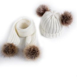 Cute Girls Boys Winter Kids Hats Scarf Out Door Keep Warm Textile Children Knit Double Ball Hat Crochet Cap Scarves Set Soft Comfortable Baby Shower Gift JY0831