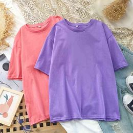 Summer Women Candy Colour Tees Loose Minimalist Basic Tops Vintage Casual Solid Short Sleeved T Shirt Girls Plus Size Shirts 210507